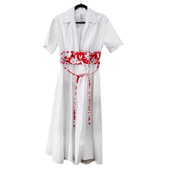 Rosie Assoulin White Cotton Shirt Dress Sz 8 Red Floral Belted Short Sleeve